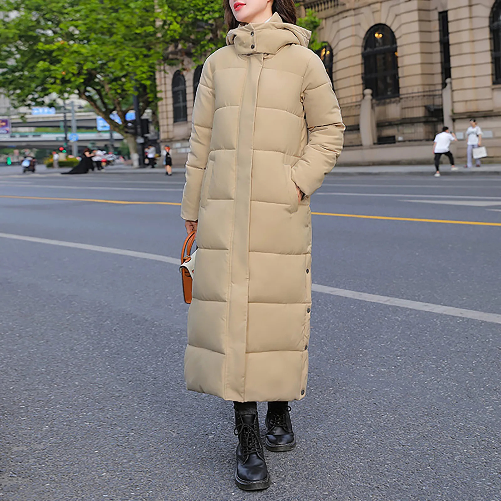 Womens thick coat warm winter portable hoodie Parka extra long knee cotton jacket womens black oversized coat 241023