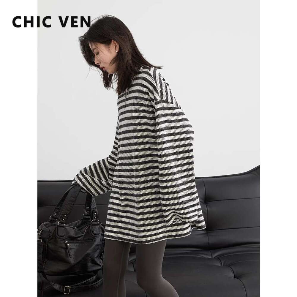 CHIC VEN Women T-Shirts Loose Casual New O Neck Knit Striped Long Sleeved Female Tees Oversized Woman Top Spring Autumn 2024