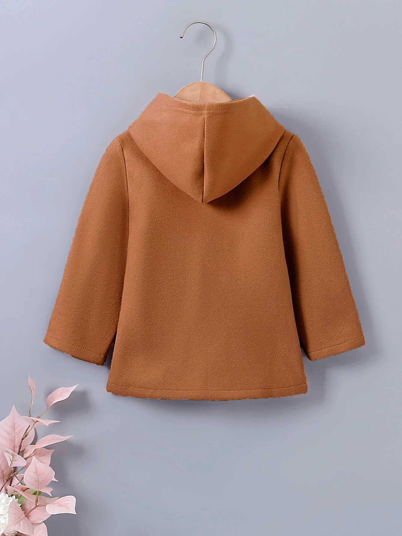 New winter clothes girls solid color single chest hooded long sleeved wool jacket suitable for primary and secondary school children W241023