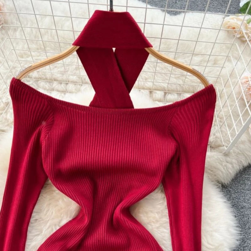 Autumn and Winter Womens Long Skirt Elegant Strapless Thin Waist Knitted Body Dress Korean Office Womens Sweater Dress Vestitos 241024