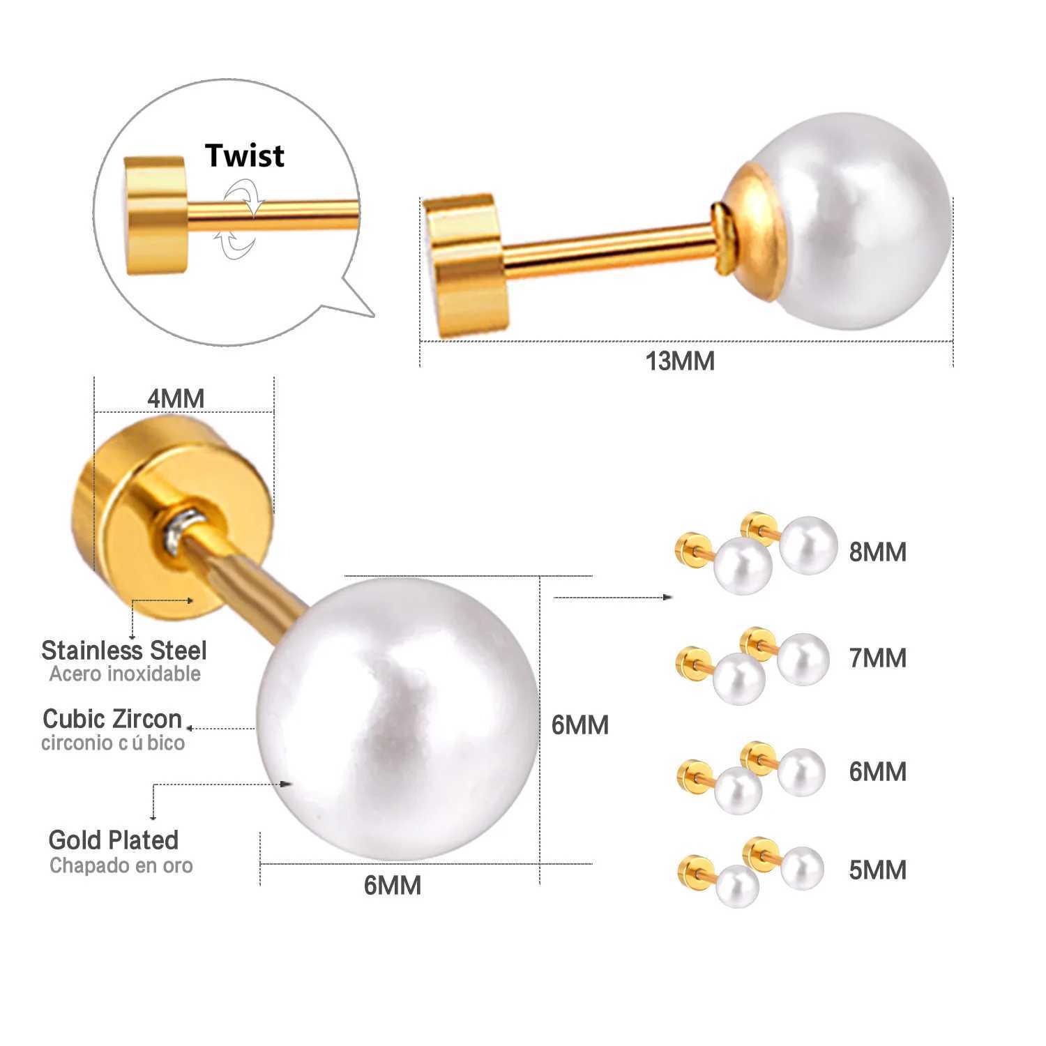 Stainless steel earrings 8mm white pearl screw stud earrings suitable for women girls mini 20G perforated sleepers fashionable Trags earrings W241023