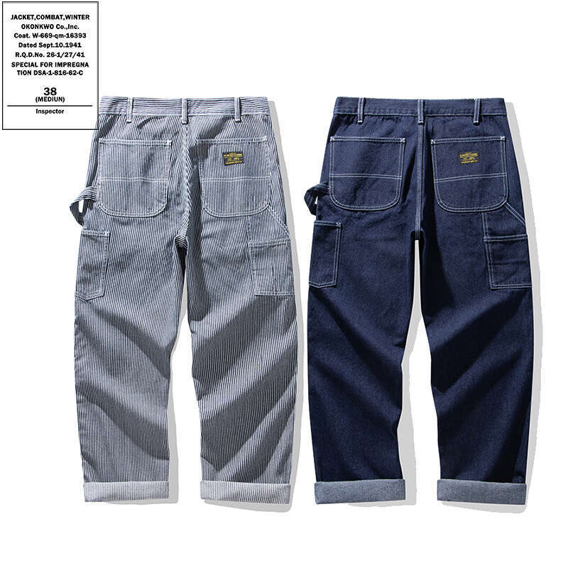 OKONKWO Original Denim Railway Workers Pants AMEKI Multi Pocket Striped Work Overalls Outdoor Trekking Hiking Camping Trousers