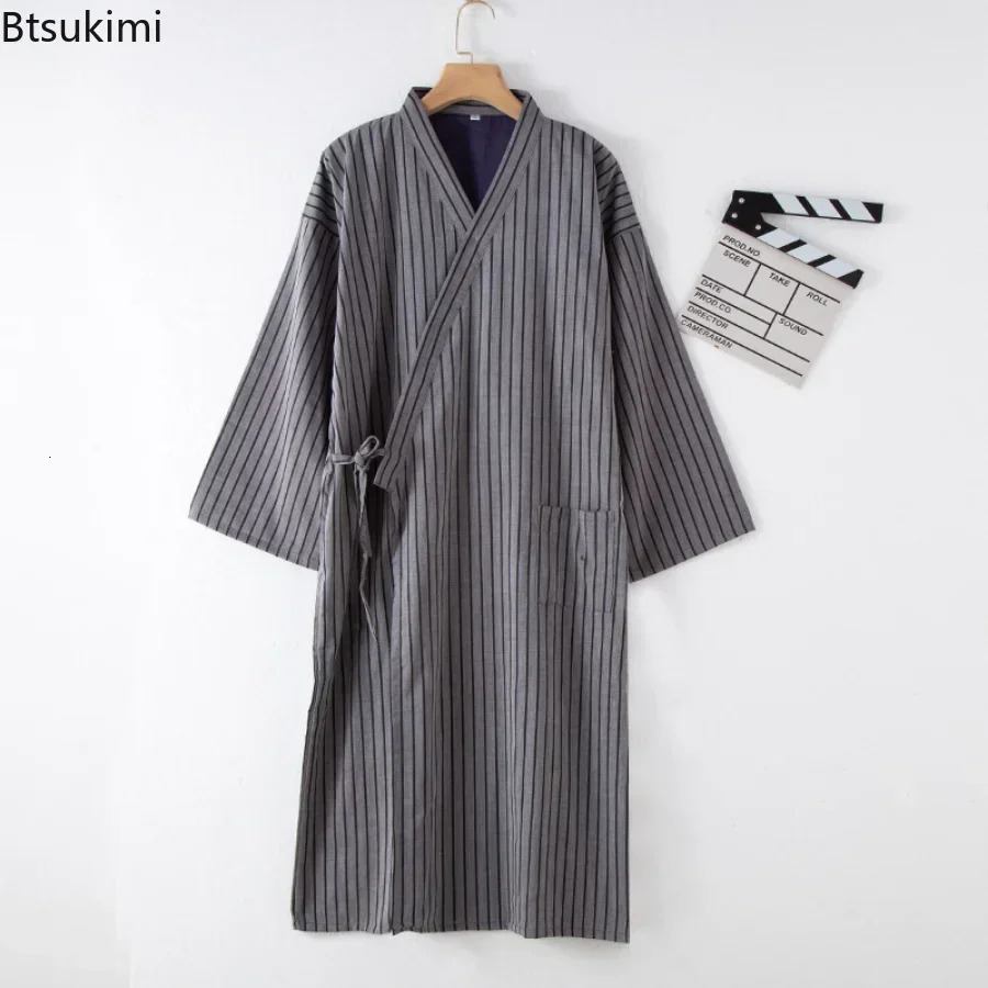 Mens Casual Cotton Thread Sleepwear Solid Soft Sleepwear Mens Bathrobe Japanese Kimono Cotton Night Light Home Mens Wear 241023
