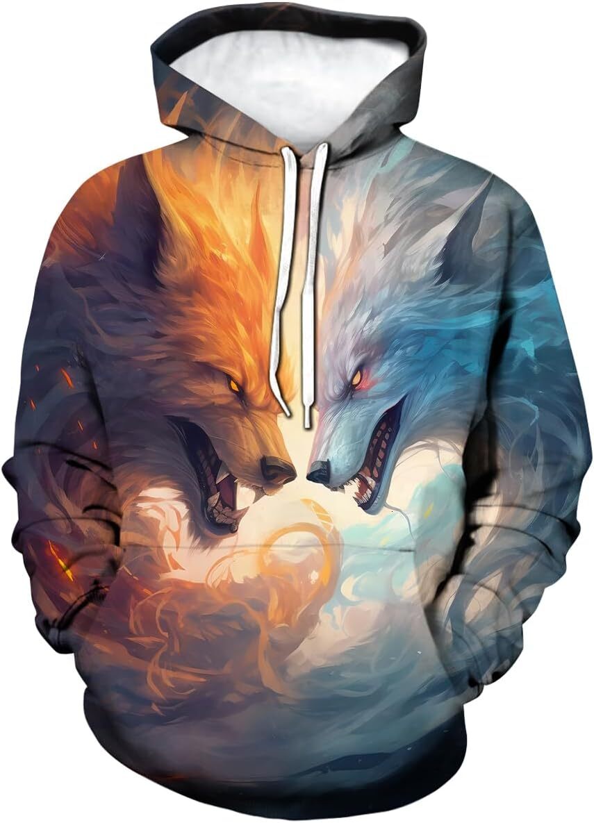 Hoodie for Mens Womens Mens Wolf Pattern Fashion trends cool Personality Hoodies Sweatshirt Pullover with Pocket Graphic Hoodies sweatshirt Pullover L