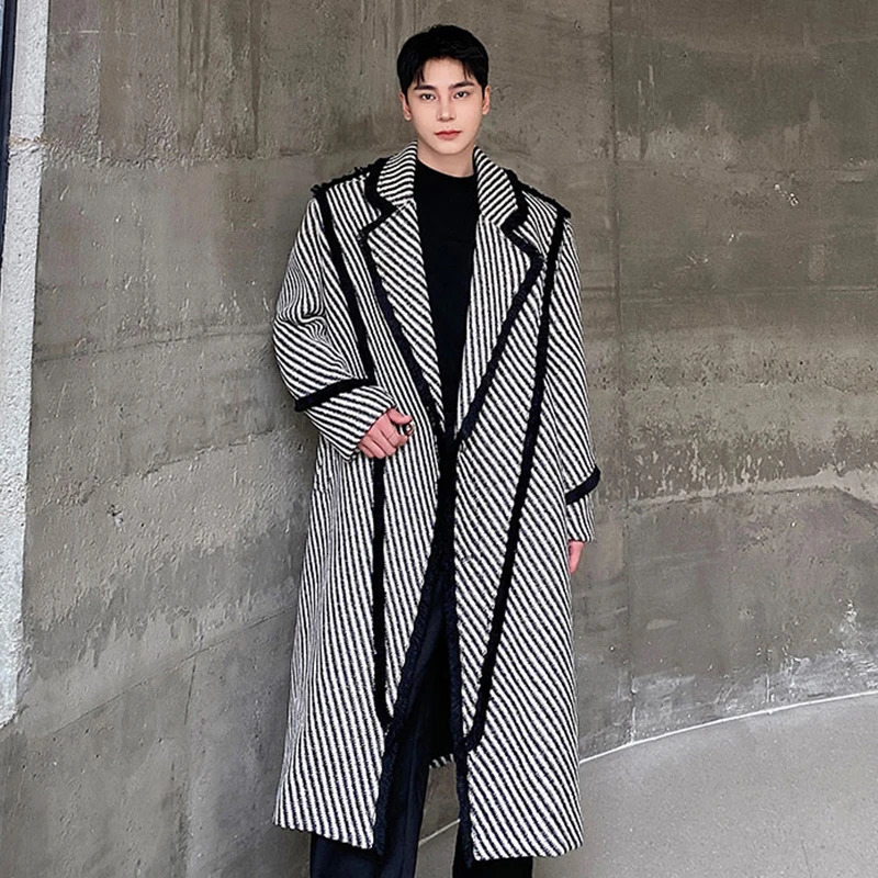 IEFB winter mens wool long coat thick woven twill lapel wool coat Korean style windproof agent trend autumn 9C3302 241024