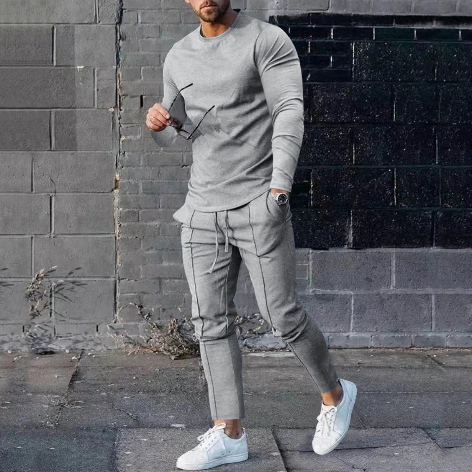 Mens casual solid two-piece set round neck long sleeves top clothing sportswear sportswear 241024
