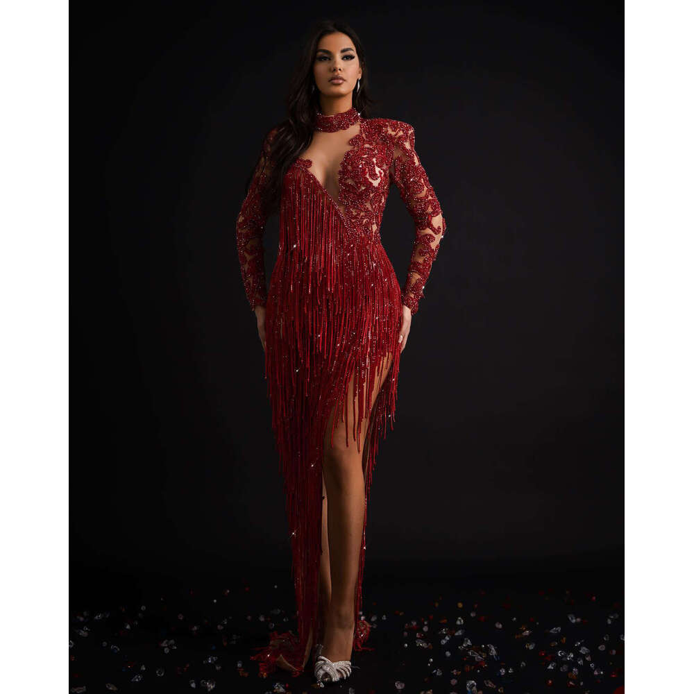 Red Mermaid Evening Long Sleeves V Neck Sequins Appliques 3D Lace Halter Side Slit Beads Tassel Plus Size Prom Dresses