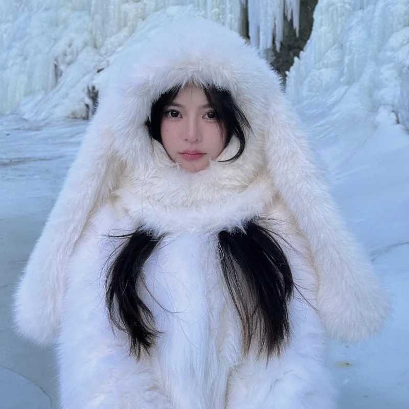 Bonnie Bunny White Plush Rabbit Ear Hat Winter Cute Warm Balaclava Scarf Integrated Neck Protection Hat Beanies X241023