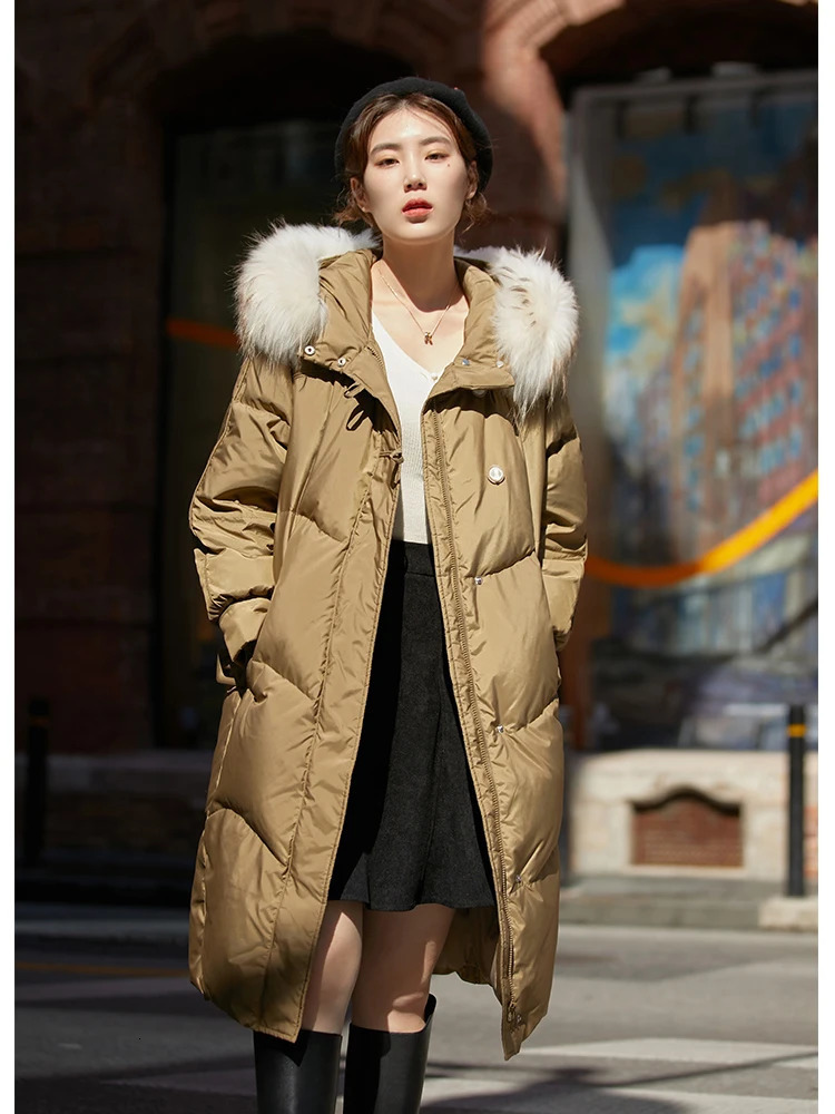 DUSHU Womens Raccoon Fur Collar Medium length Down Jacket Olive Green Niche Style Warm Jacket Womens Black Long Jacket 241023