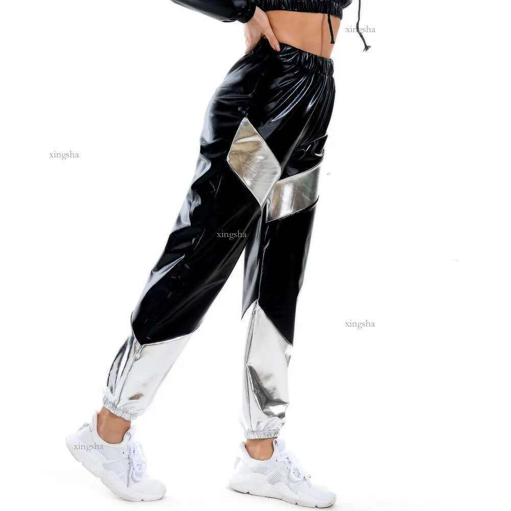 Women Reflective Long Pants with Pockets High Waist Loose Holographic Patchwork Trousers Club Dance Jogger Pants Clubwear LJ201130