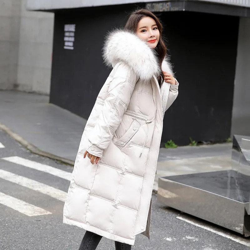 Winter Down Jacket Womens Mid length Knee length Warm White Duck Waist Cover Long Sleeve True Fur Leather Collar Coat 241023