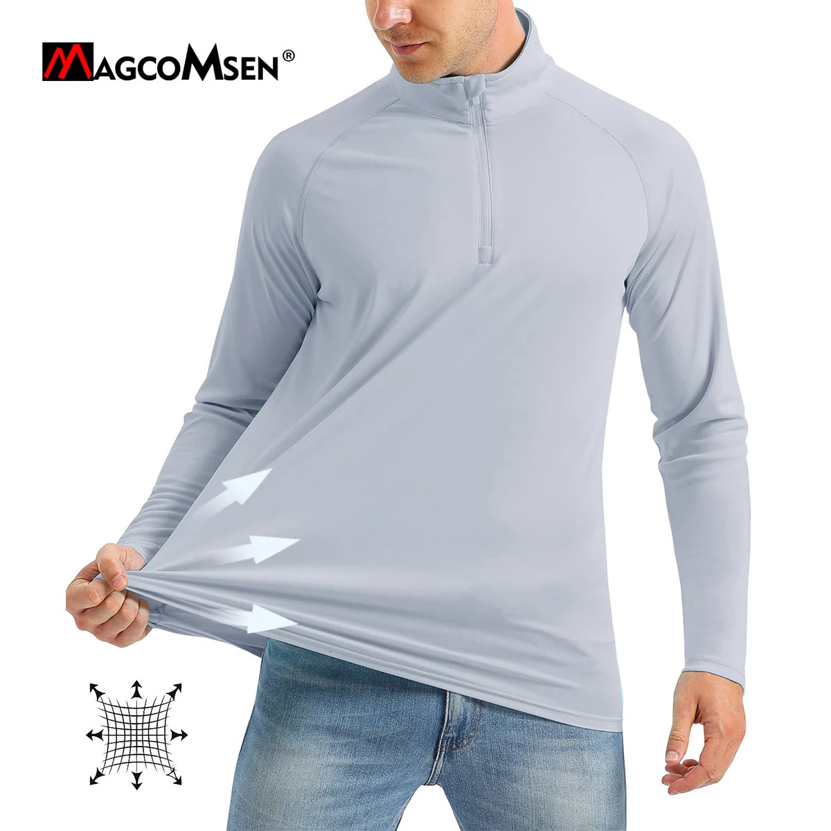 Magcomsen UPF50Mens T-shirt UV Sunscreen Long Sleeve Hiking Fishing Shirt Quick drying 1/4 Zipper Summer Sports Pull up Top 241024