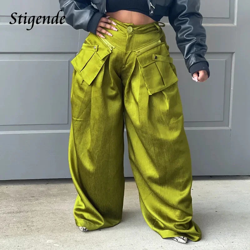 Stigende wide leg loose cargo pants for women spliced work elastic straight pocket detachable pocket hip-hop pants 241023