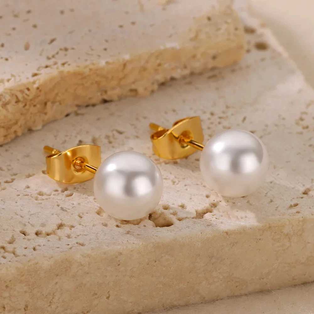 Fashion Imitation Pearl Earring For Women Stainless Steel Gold Color Round Pearl Earring Waterproof Party Aesthetic Jewelry GiftX241023
