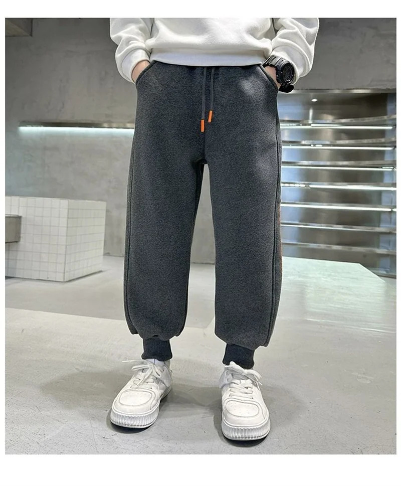 Boys Lambswool Thick Pants Winter Children Plush Velvet Cotton Trouser Childrens Sports Pants Youth Warm Snow Clothes 5-14Y 241024