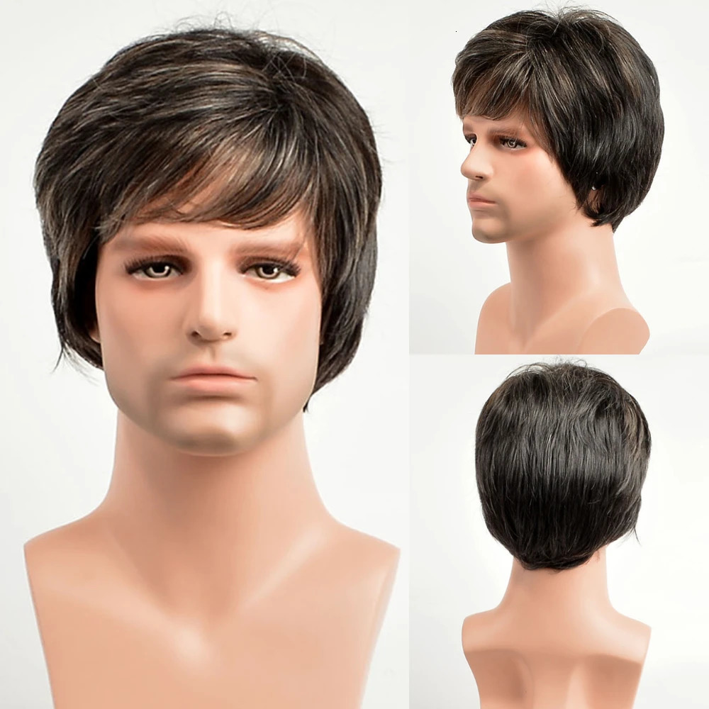 MSIWIGS Men Short Straight Wig Ombre Grey Brown Synthetic Wig White for Male Hair Fleeciness Realistic Natural Headgear 241024