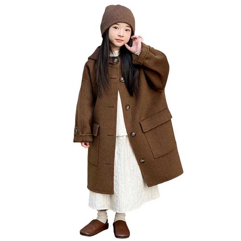 Autumn and winter girls coat double-sided wool coat childrens brown fashionable loose casual long coat youth clothing W241023