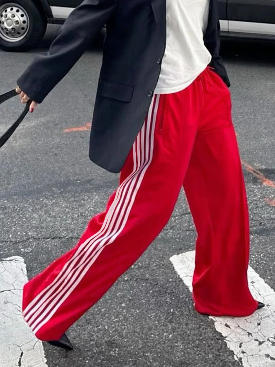 Womens Y2k wide leg track pants with pockets side stripes jogging pants elastic waist colorful block parachute pants with pockets 241023