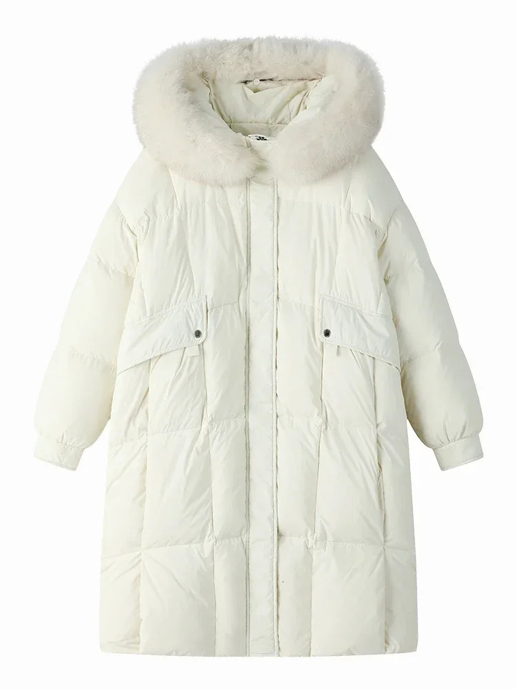 FSLE 142-170G Fox Fur Collar Hoodie Womens Winter 90% White Duck Filled Medium Length Warm Down Coat Womens 241023