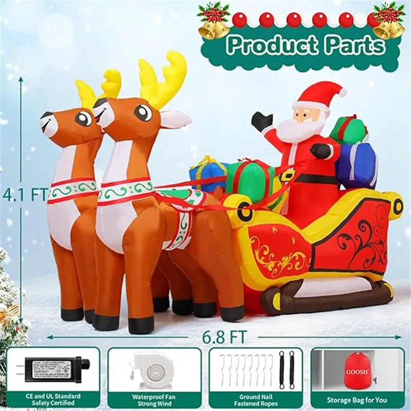 2.1-meter-long Christmas decoration inflatable Santa Claus reindeer sled with built-in LED lights to celebrate Christmas party Years garden decoration