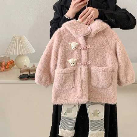 Autumn winter children wool coats solid bear ear prints baby jackets wool synthetic fur warm little girls long coat gloves W241023