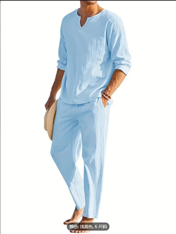 2-piece mens solid color loose summer suit short sleeved camping collar shirt and casual pants 241024