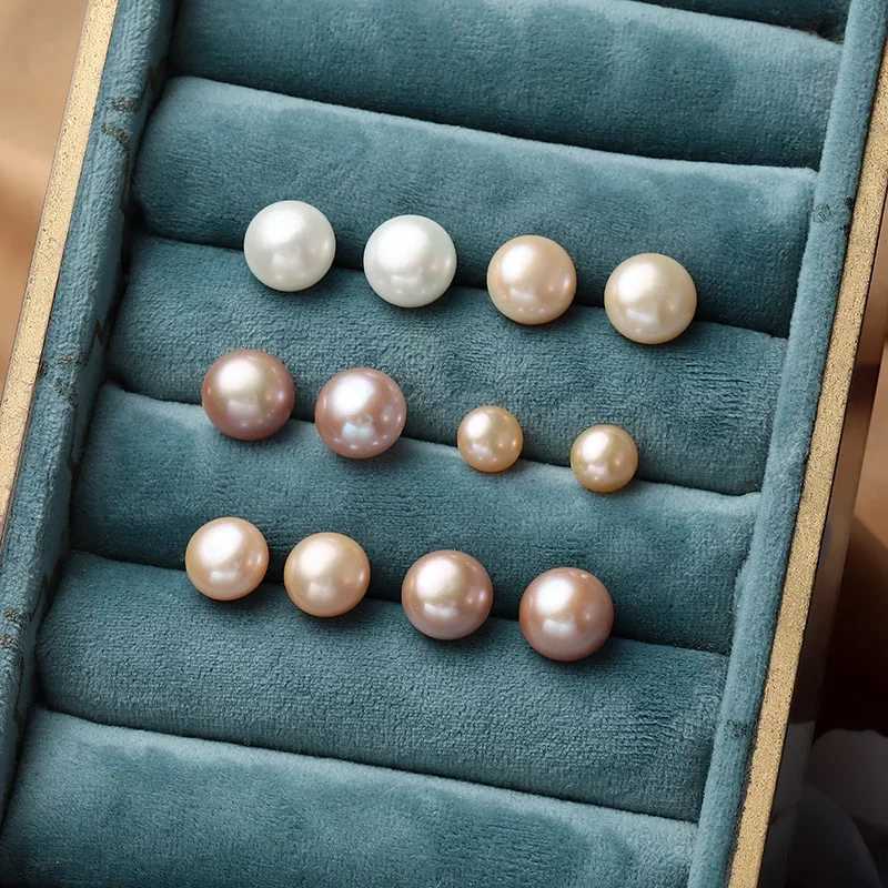 Real Natural Pearl Stud Earrings Womens 925 Sterling Silver Round Button Cultured Freshwater Pearls Ear Studs Classical JewelryX241023