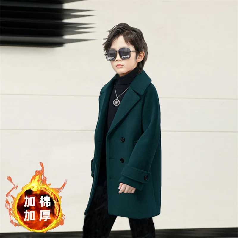 Mens wool coat windproof jacket 2024 black warm thick autumn cotton school childrens clothing W241023