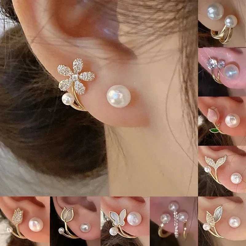 Korean retro imitation pearl crystal earrings suitable for womens jewelry high-end luxury zircon flower butterfly stud earrings W241023