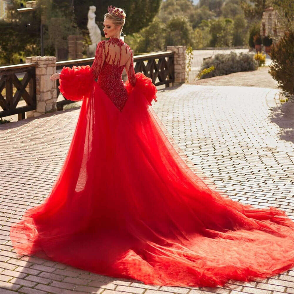 Feathered Prom Mermaid Beaded Dress With Tulle Cape High Neck Long Sleeve Formal Evening Gown