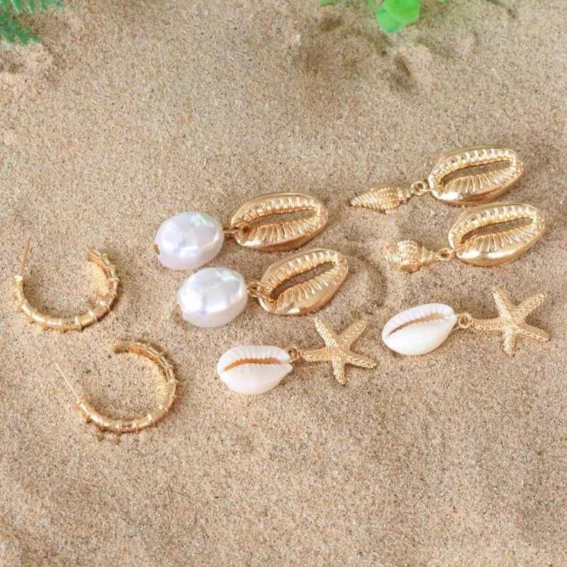 4 pairs of Bohemian shell starfish pendant earrings set for womens summer beach pearl conch pendant geometric earrings for girls fashion jewelry W2410
