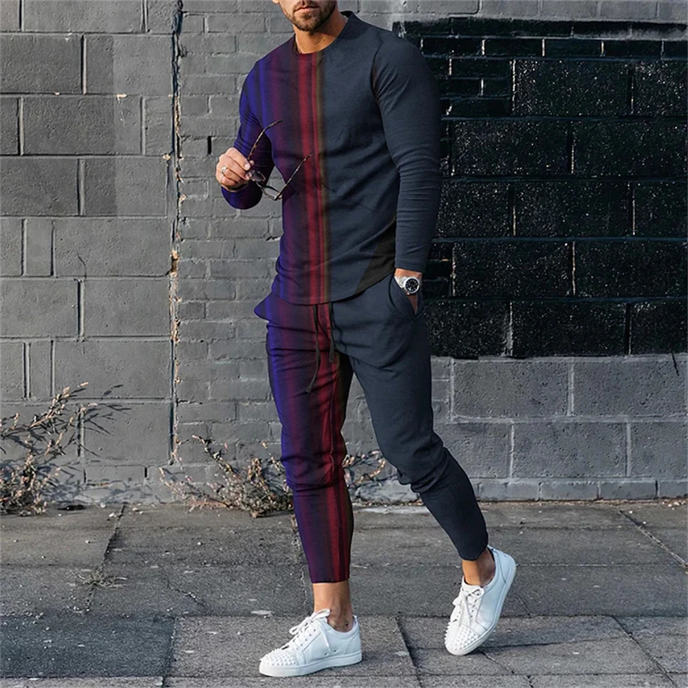 Spring Mens Tracksuits Fashion T-shirt Long sleeved TopTrousers 2-piece Printed Sweatshirt Loose Set Large Zipper 241024