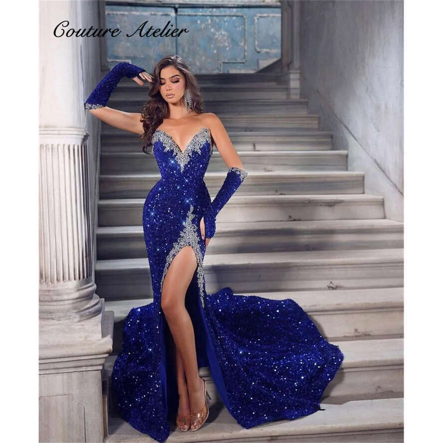 Dubai Customize Royal Blue Sequin Mermaid Prom Dress With Gloves Saudi Arabia High Slit Special Ocn Wear Evening Dresses
