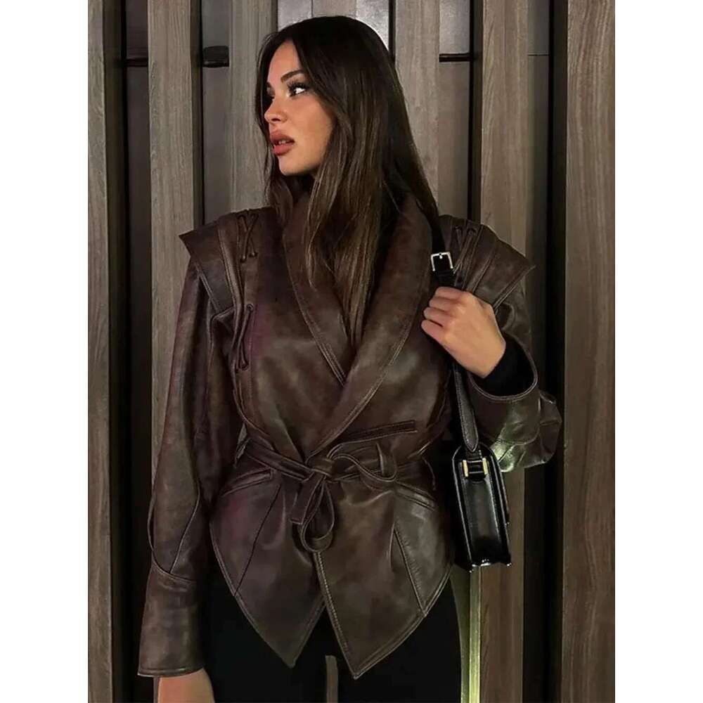 Pu Motorcycle Coat Women Fashion Spring Autumn Faux Leather Jacket Vintage V Neck Female High Street Casual Ladies Outwear
