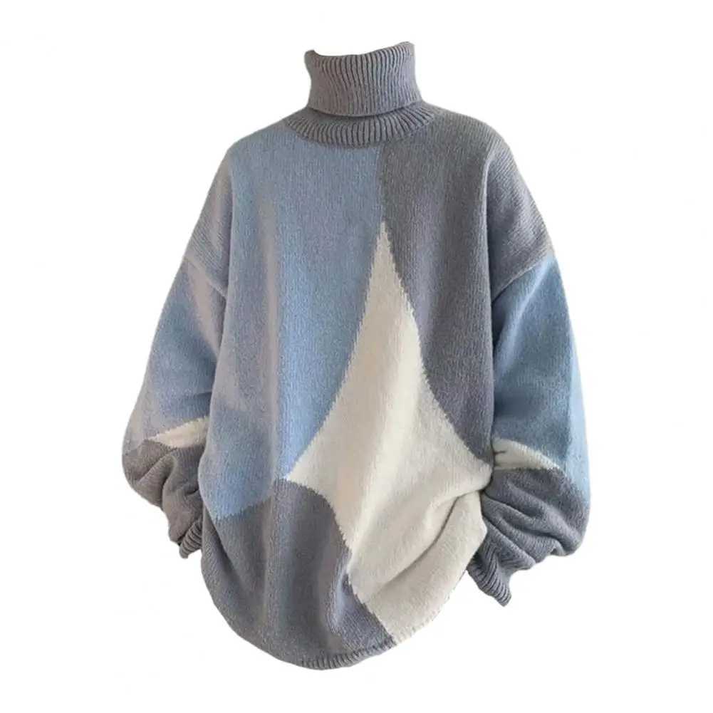 High Collar Sweater Colorblock Knitted Turtleneck Mens Sweater with High Collar Neck Protection Soft Warmth Elastic Mid Length LX241024