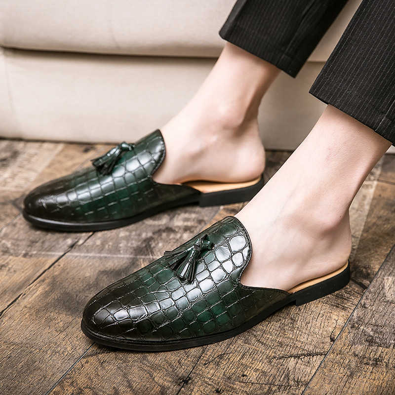Men Dress Shoes New British Half Slippers Feet Tassel Small Leather Shoes Crocodile Pattern Trendy Casual Shoes 241009