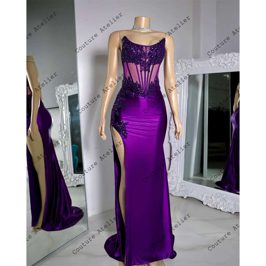 Pretty Purple High Split Rhies Prom For Black Girls Party Dress Women Elegant Gala Dresses Robe De Bal