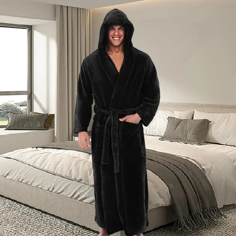 Plush Bathroom Deluxe Mens Hooded Bathroom with Adjustable Belt Super Soft Absorbent Mens Robe Pocket Plush Solid 241023