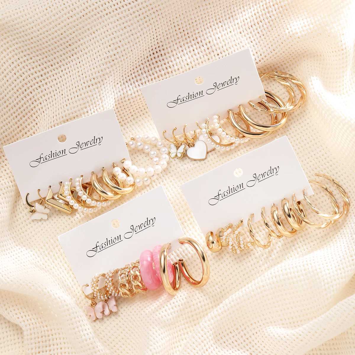 40 piece retro heart-shaped butterfly earring set suitable for women gold pearl round twisted geometric ring earrings Tren jewelry W241023