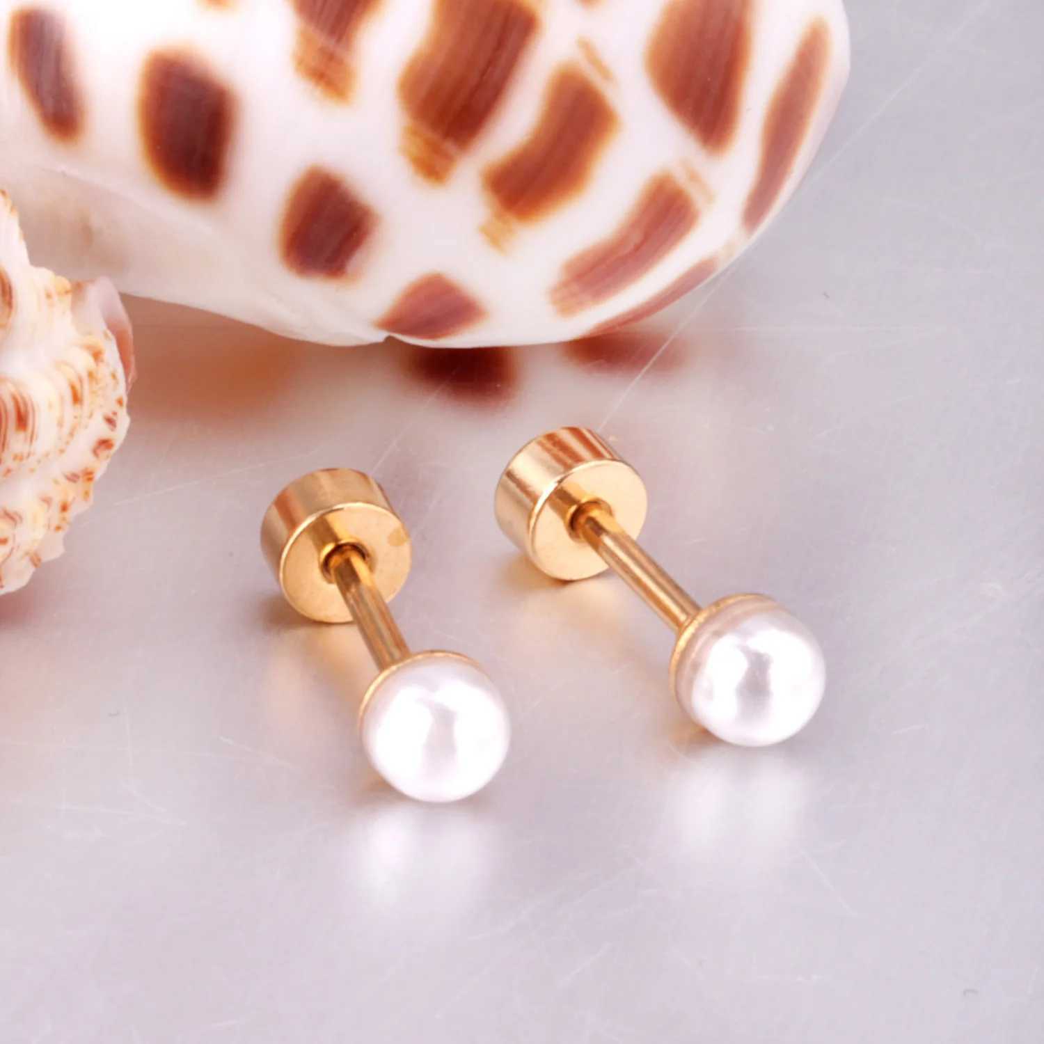 Stainless steel earrings 8mm white pearl screw stud earrings suitable for women girls mini 20G perforated sleepers fashionable Trags earrings W241023