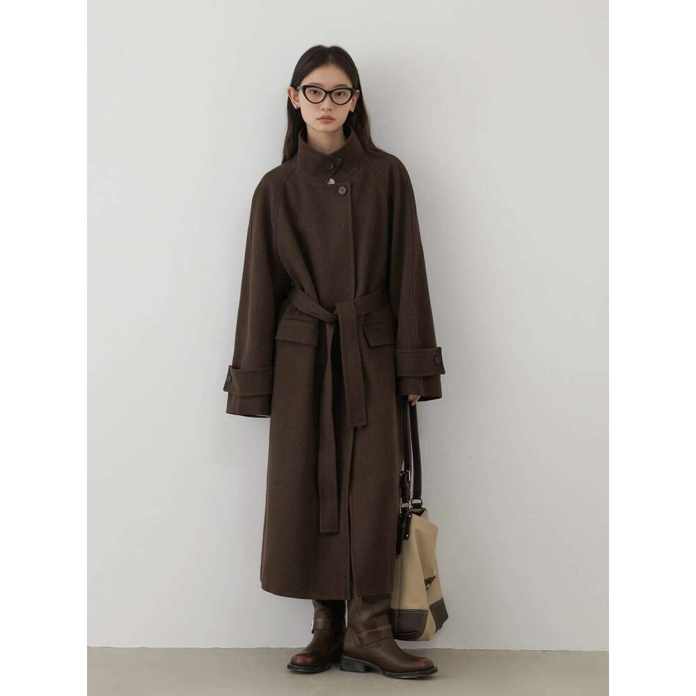 CHIC VEN Women's Overcoat Single Breasted Loose New Long Coat Stand-Up Collar Female Topcoat With Belt Autumn Winter 2024