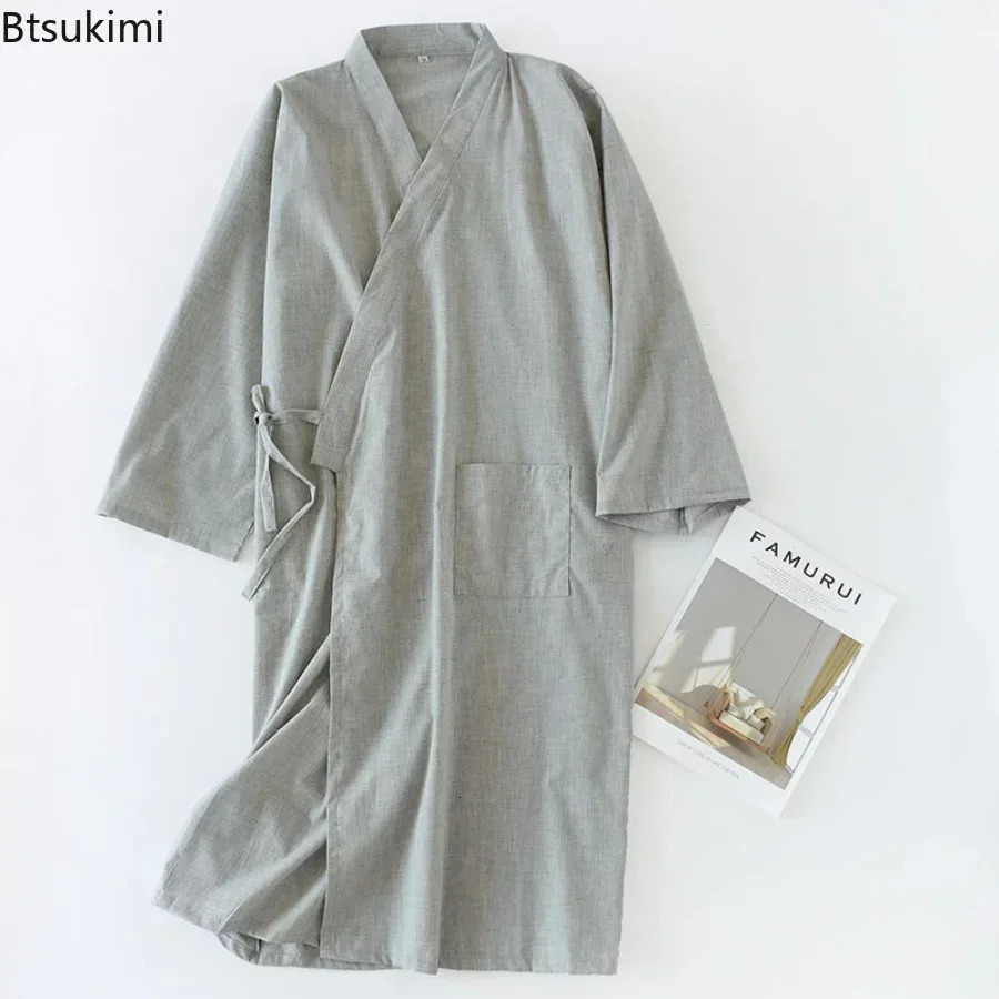 Mens Casual Cotton Thread Sleepwear Solid Soft Sleepwear Mens Bathrobe Japanese Kimono Cotton Night Light Home Mens Wear 241023