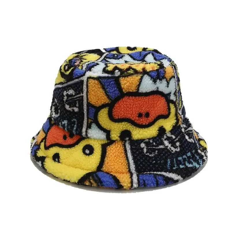 New cute cartoon duck print winter bucket hat suitable for mens thick women with fluffy fur warm Panama hat outdoor fisherman hat party X241023