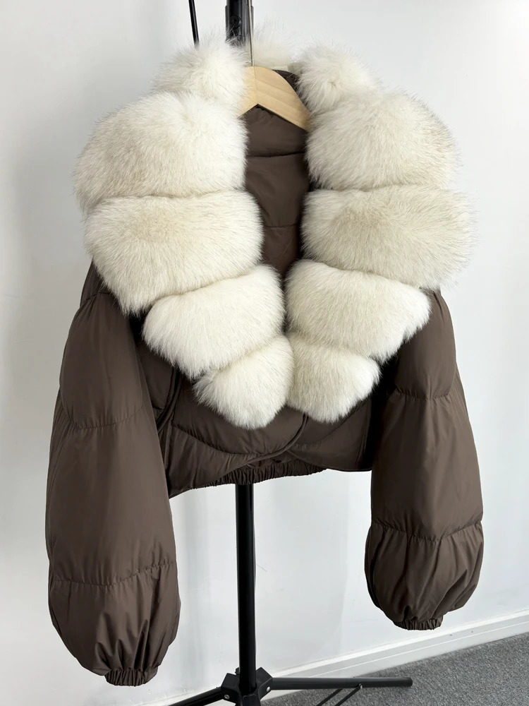 Janveny Fur Coat Womens Winter 90% White Duck Down Jacket Super Large Natural Fox Fur Collar Womens Inflatable Park 241023