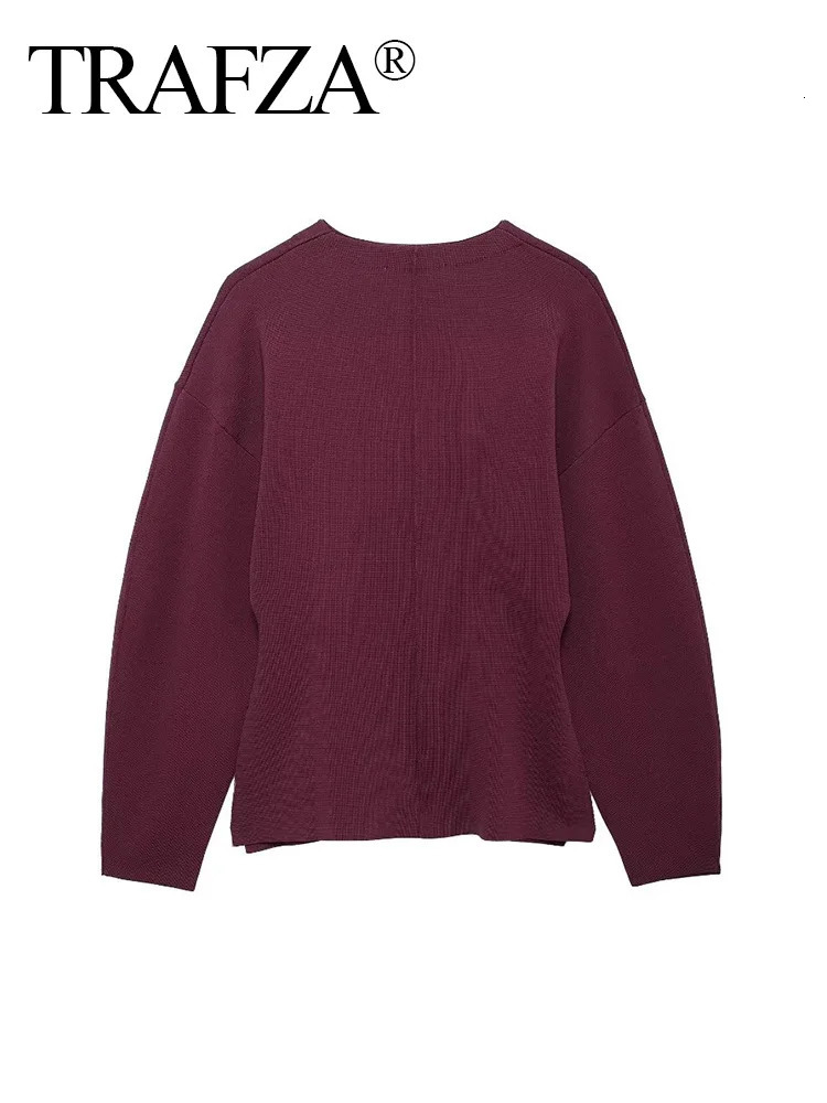 TRAFZA Womens Elegant Knitted Coat Fashion Burgundy Red V-neck Ultra thin Cardigan Autumn Office Womens Unique Solid Long Sleeve Coat 241024