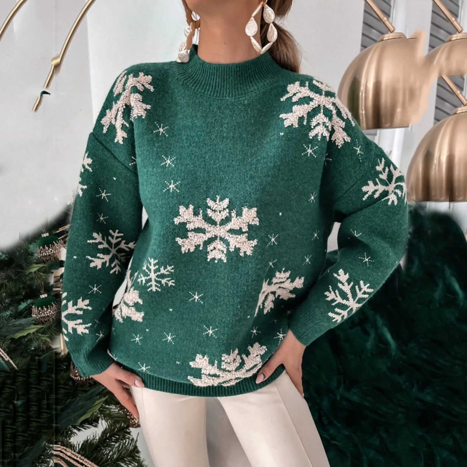 Christmas sweater womens snowflake print warm thick skydiving casual loose knitted long sleeved womens zipper top 241024