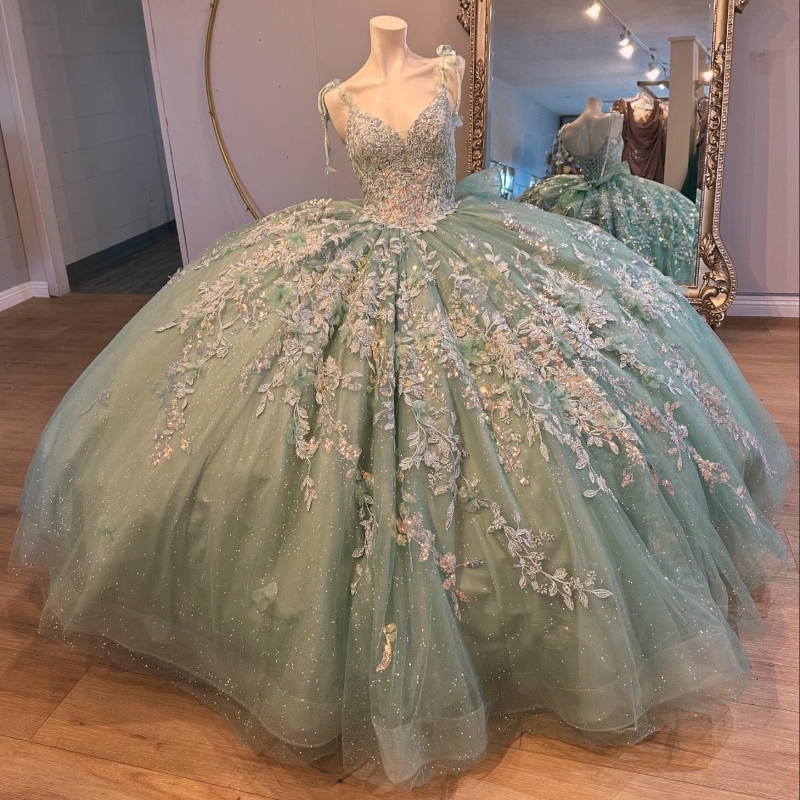 Mint Green Shiny Quinceanera Dresses Ball Gown Applique Lace Beads Bow Tulle Lace-Up Backless Party Princess Sweet 16 Dress Vestidos De 15 Anos