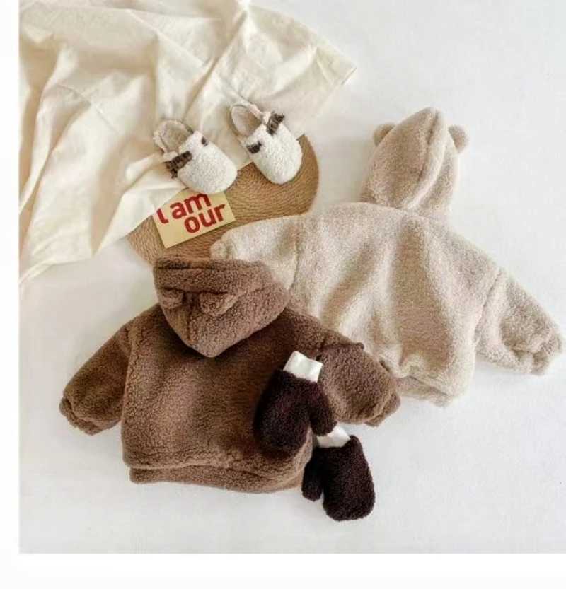 Korean version of winter boys and girls with thick cashmere suitable for children warm and cute teddy bear hooded cardigan jacket W241023