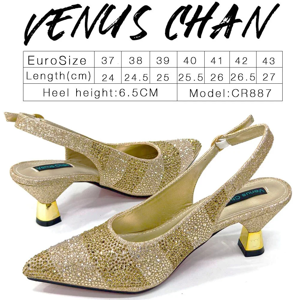 Venus Chan 2024 Hot Selg INS Pointed-Toe Style High Heels Sandal With Bag Set In Gold Color For Wedding Party Women