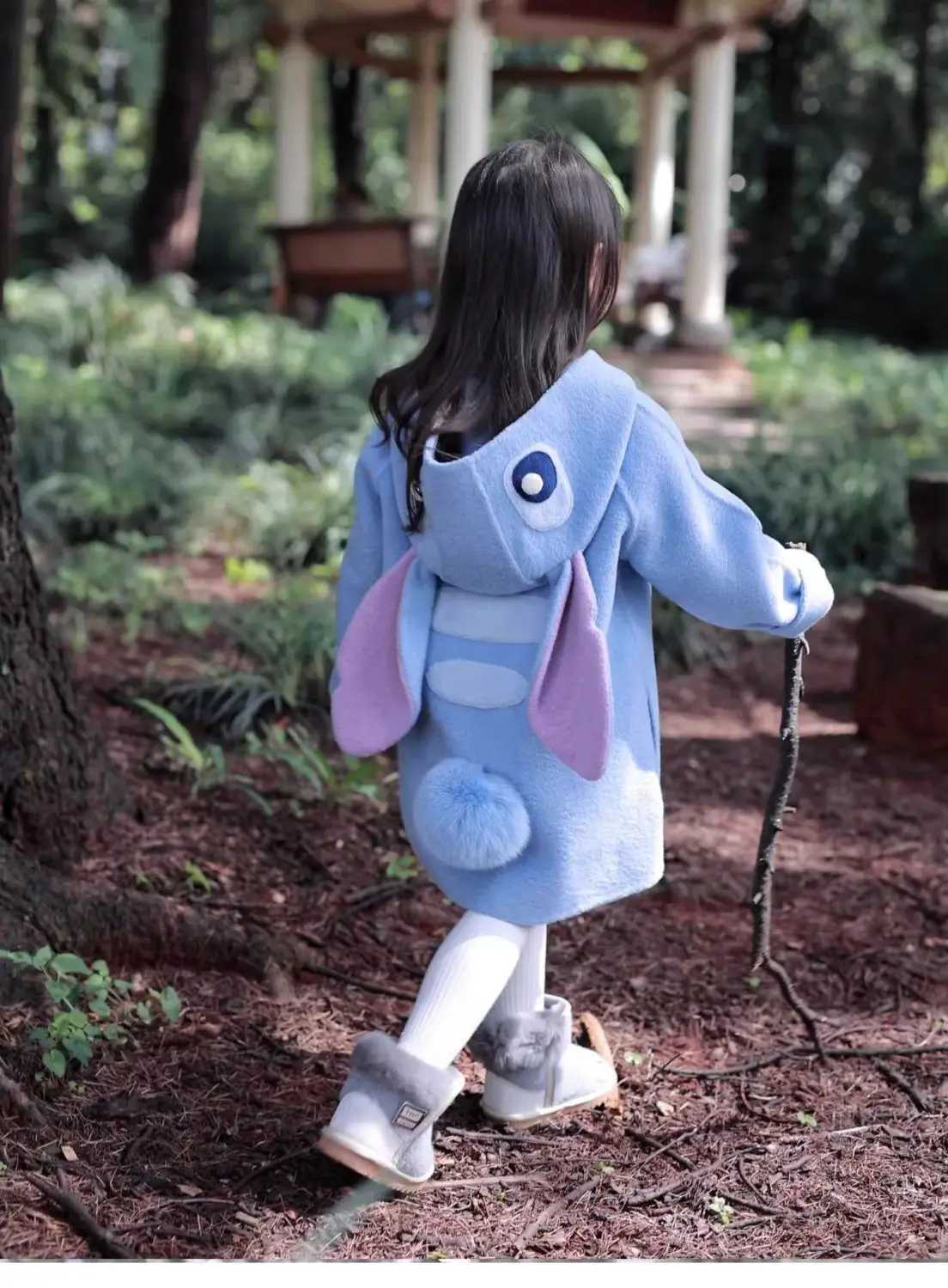 Autumn and Winter Girls New Sewing Coat Purple Rabbit Childrens Hoodie Fashion Long Sleeve Wool Coat W241023